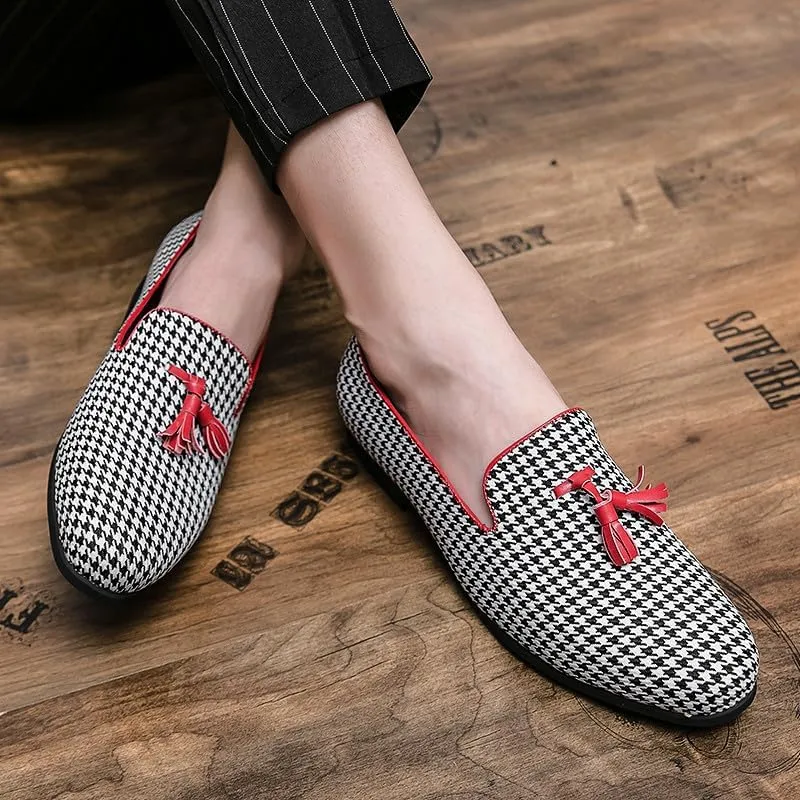Santimon Mens Loafers Wedding Dress Shoes Slip-On Hounstooth Tassel Loafers for Men Tuxedo Suit Shoes