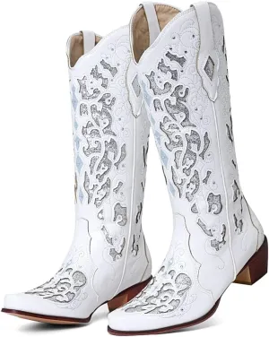 SaraIris Black Cowgirl Boots for Women Cowboy Boots Western Boots Chunky Heel Pointed Toe Pull On Rhinestones Knee High Boots