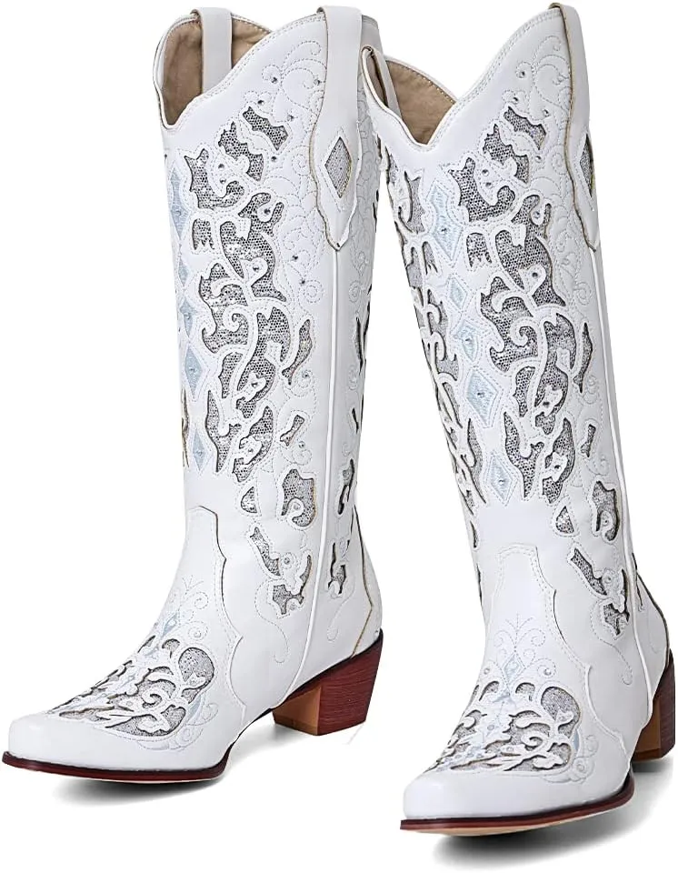 SaraIris Black Cowgirl Boots for Women Cowboy Boots Western Boots Chunky Heel Pointed Toe Pull On Rhinestones Knee High Boots