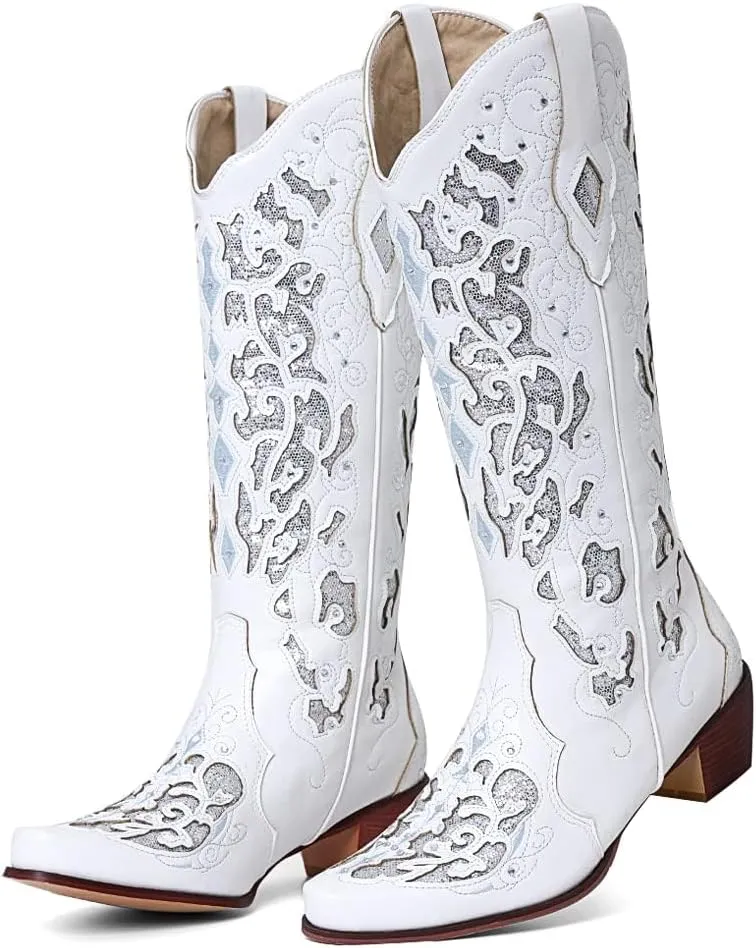 SaraIris Black Cowgirl Boots for Women Cowboy Boots Western Boots Chunky Heel Pointed Toe Pull On Rhinestones Knee High Boots