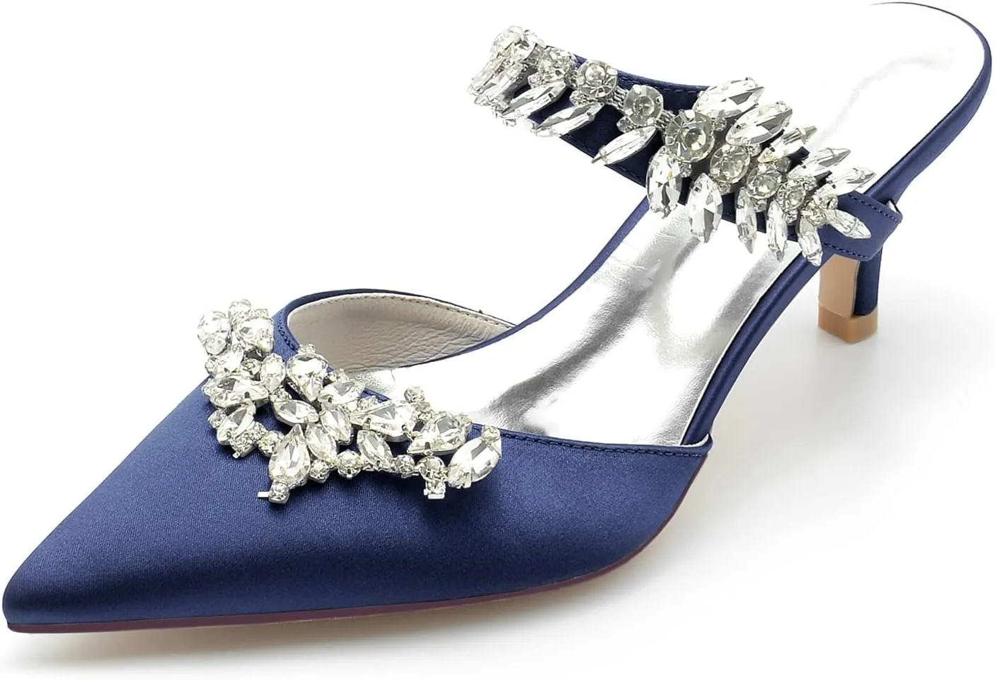 Satin Wedding Shoes for Bride,Kitten Heel Mule Heels Shoes for Women Mid Heeled Pumps Sandals Rhinestones Wedding Bridal Evening Party Dress Shoes