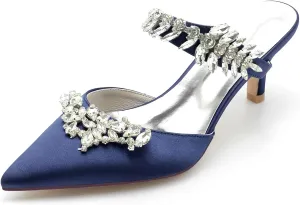 Satin Wedding Shoes for Bride,Kitten Heel Mule Heels Shoes for Women Mid Heeled Pumps Sandals Rhinestones Wedding Bridal Evening Party Dress Shoes