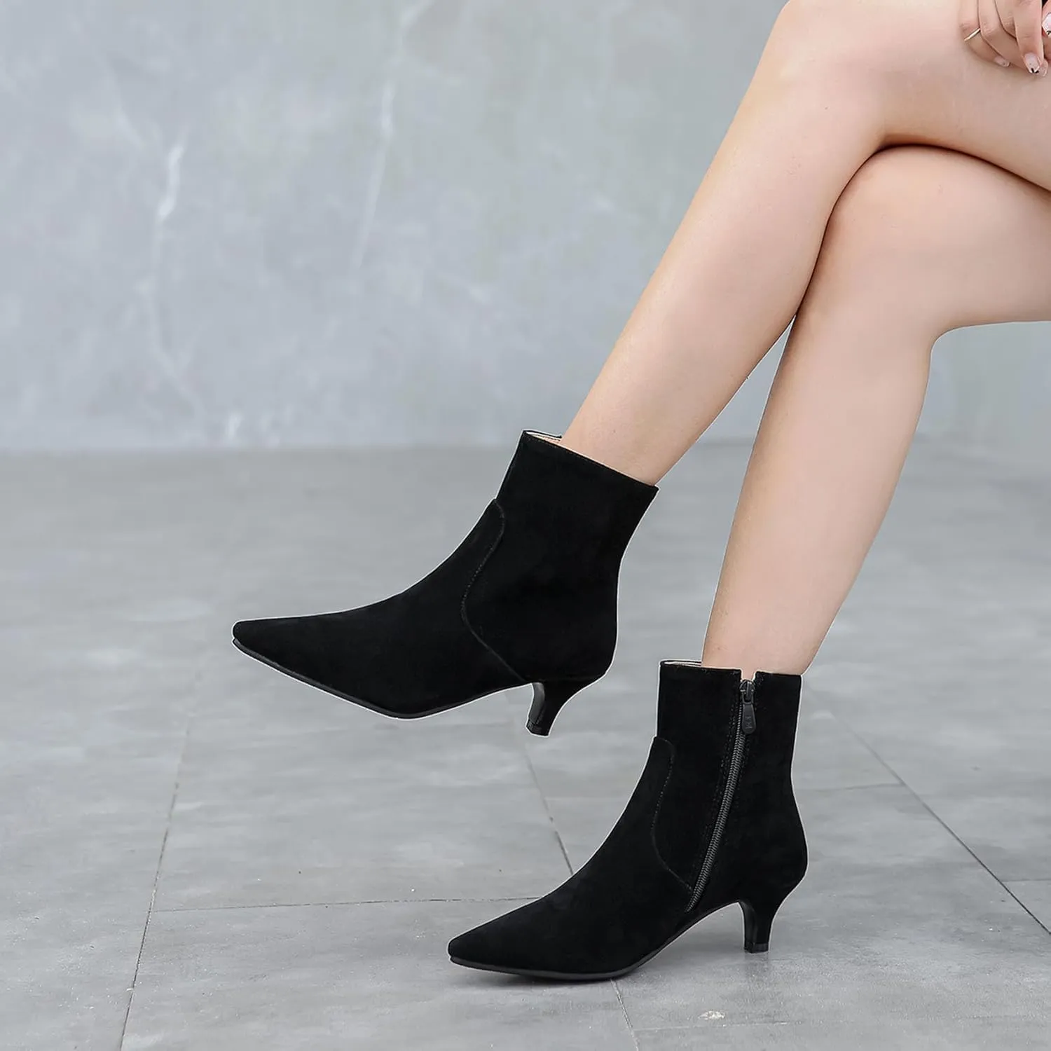 SHEMEE Fashion Womens Kitten Heels Ankle Boots Sexy Pointy Toe Booties Mid Heels Zipper Work Party Dress Shoes