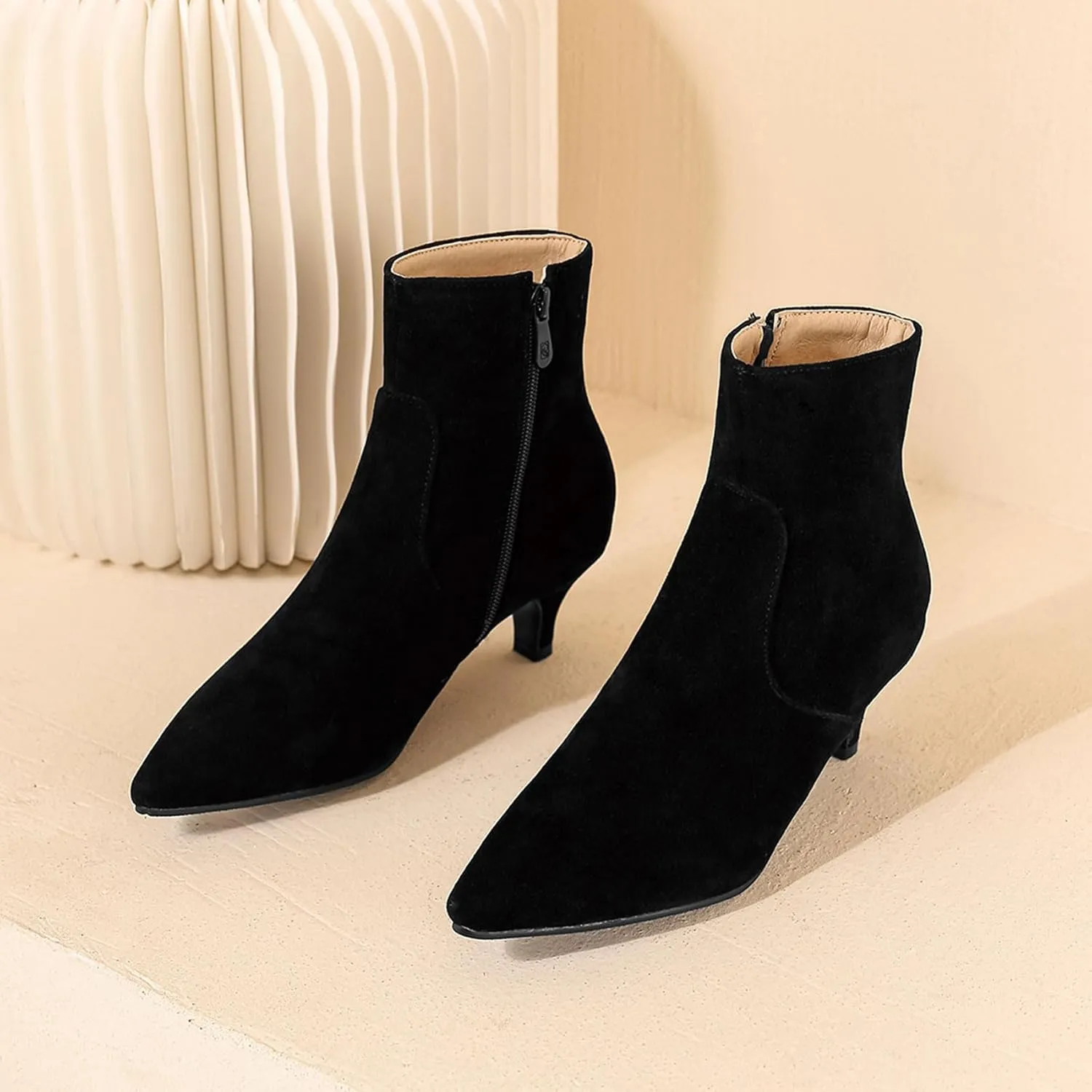 SHEMEE Fashion Womens Kitten Heels Ankle Boots Sexy Pointy Toe Booties Mid Heels Zipper Work Party Dress Shoes