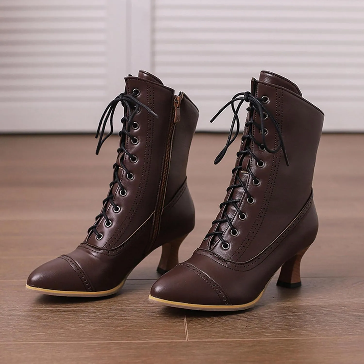 SHEMEE Kitten Heels Ankle Boots for Women Vintage Victorian Style Lace-Up Booties Mid Heels Zipper Shoes with Buckled
