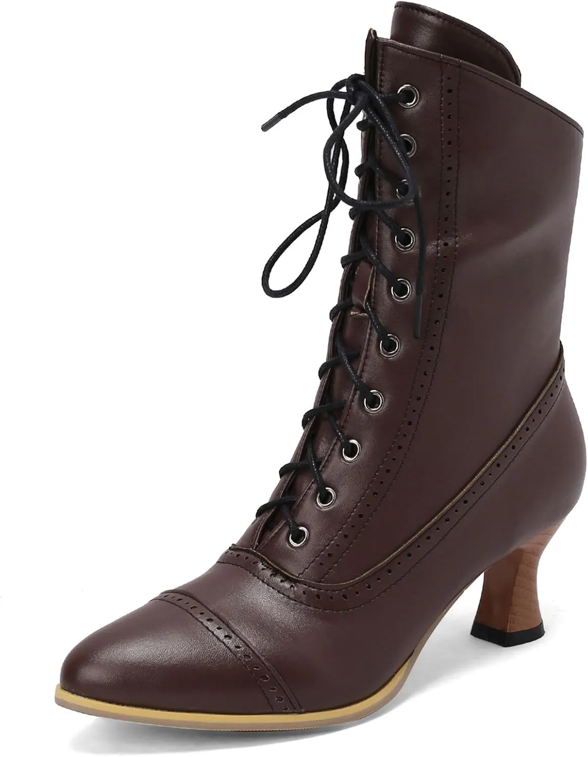 SHEMEE Kitten Heels Ankle Boots for Women Vintage Victorian Style Lace-Up Booties Mid Heels Zipper Shoes with Buckled