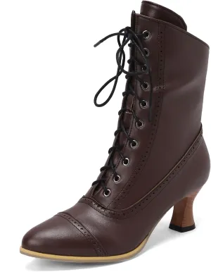SHEMEE Kitten Heels Ankle Boots for Women Vintage Victorian Style Lace-Up Booties Mid Heels Zipper Shoes with Buckled