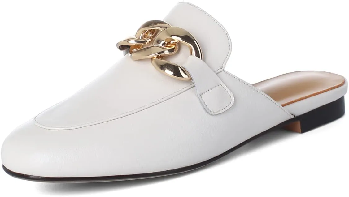 SHEMEE Women's Genuine Leather Backless Mules Slides Shoes Flats Low Heel Loafers Round Closed Toe Slingback Slippers with Chains