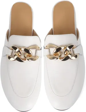 SHEMEE Women's Genuine Leather Backless Mules Slides Shoes Flats Low Heel Loafers Round Closed Toe Slingback Slippers with Chains