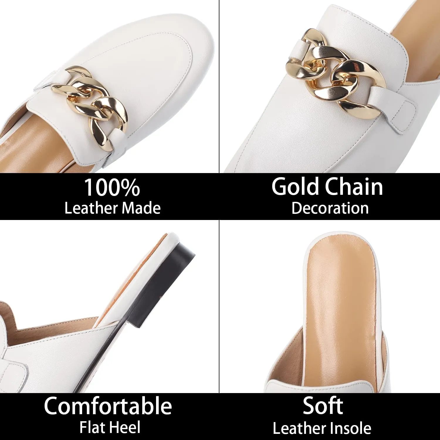 SHEMEE Women's Genuine Leather Backless Mules Slides Shoes Flats Low Heel Loafers Round Closed Toe Slingback Slippers with Chains