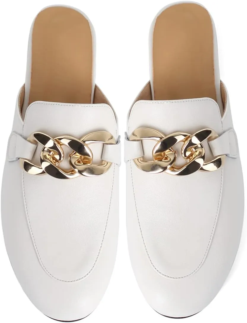 SHEMEE Women's Genuine Leather Backless Mules Slides Shoes Flats Low Heel Loafers Round Closed Toe Slingback Slippers with Chains