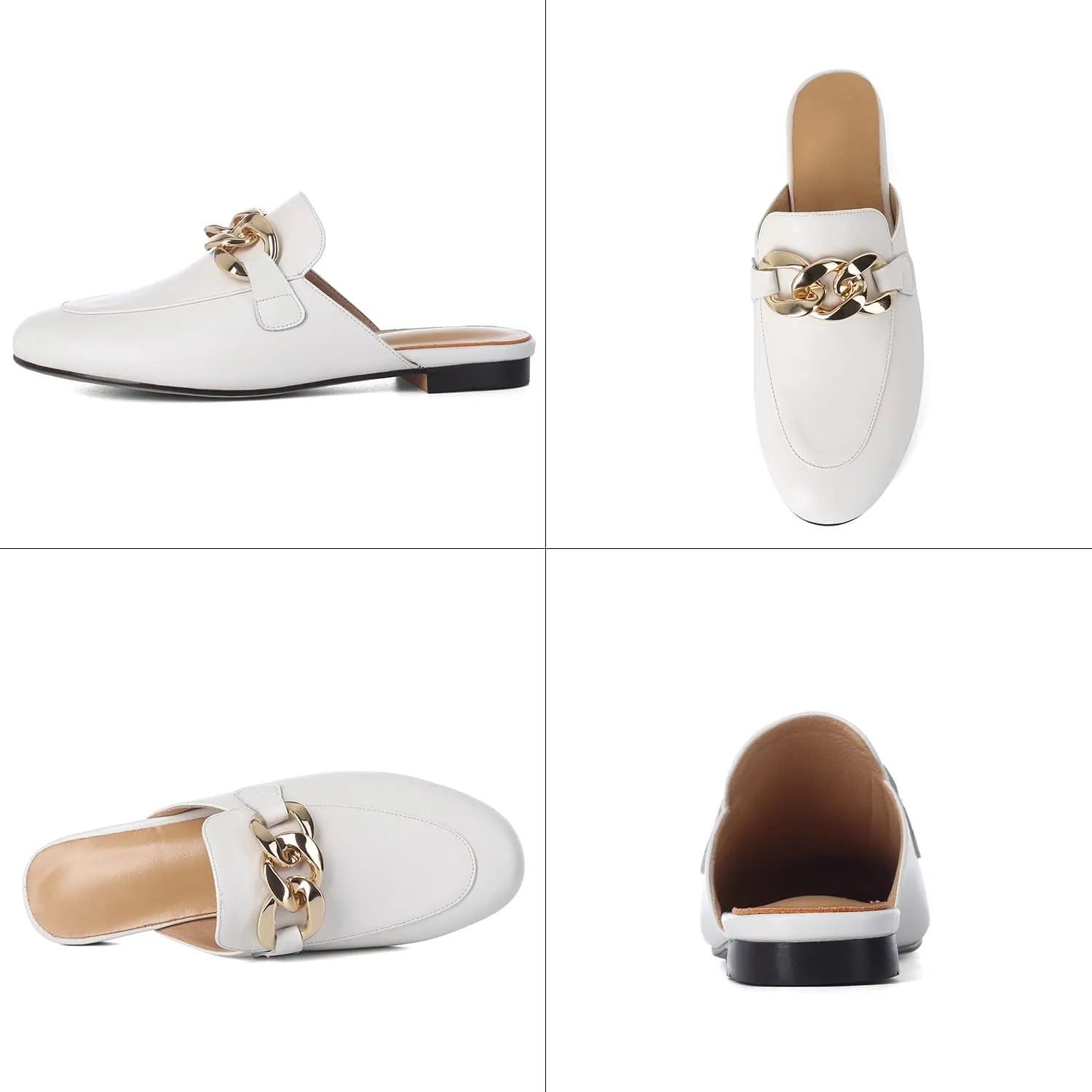 SHEMEE Women's Genuine Leather Backless Mules Slides Shoes Flats Low Heel Loafers Round Closed Toe Slingback Slippers with Chains