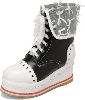 SHEMEE Women's Sweet Cute Platform Hidden Wedge Ankle Boots Lace Up High Heels Round Toe Booties Side Zip Kawaii Shoes