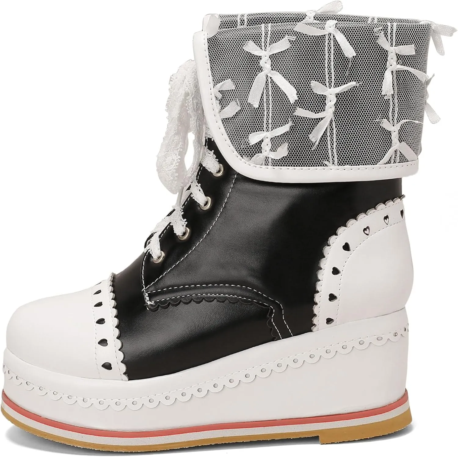 SHEMEE Women's Sweet Cute Platform Hidden Wedge Ankle Boots Lace Up High Heels Round Toe Booties Side Zip Kawaii Shoes