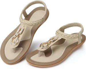 SHIBEVER Womens Sandals Dressy Summer: Women Comfortable Walking Flat Bohemian T-Strap Ladies Casual Comfy Sandals