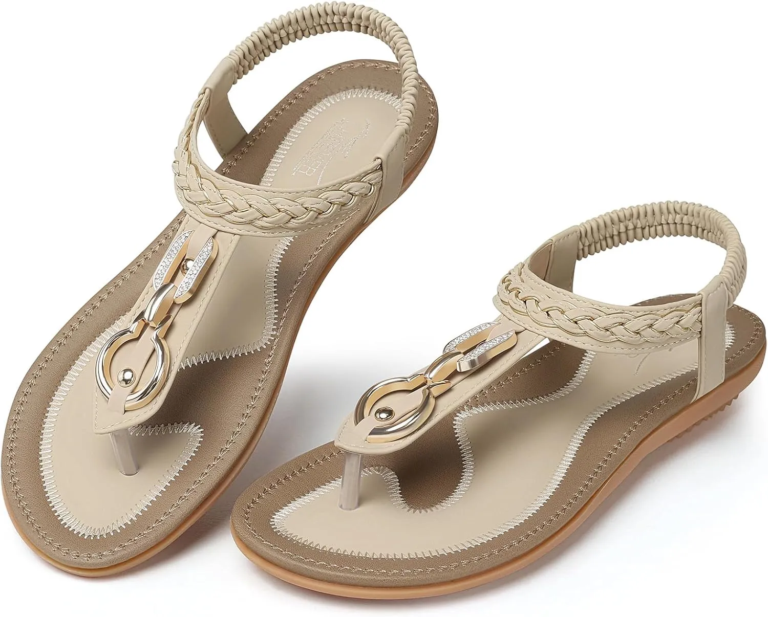 SHIBEVER Womens Sandals Dressy Summer: Women Comfortable Walking Flat Bohemian T-Strap Ladies Casual Comfy Sandals