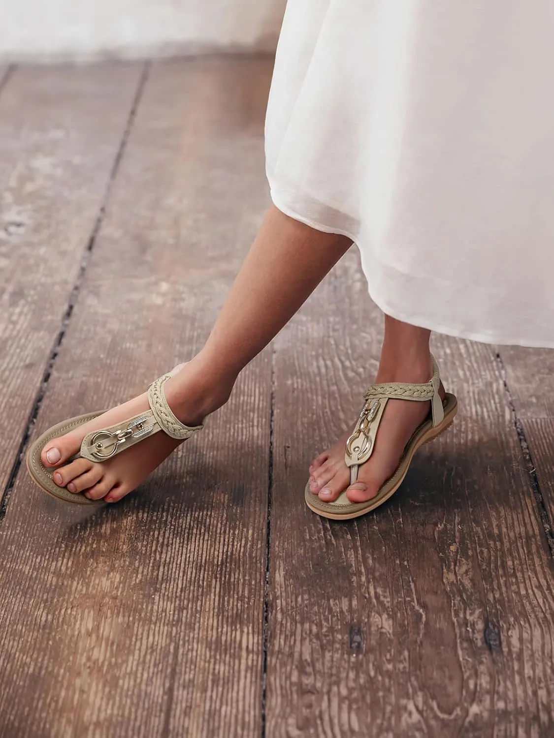 SHIBEVER Womens Sandals Dressy Summer: Women Comfortable Walking Flat Bohemian T-Strap Ladies Casual Comfy Sandals