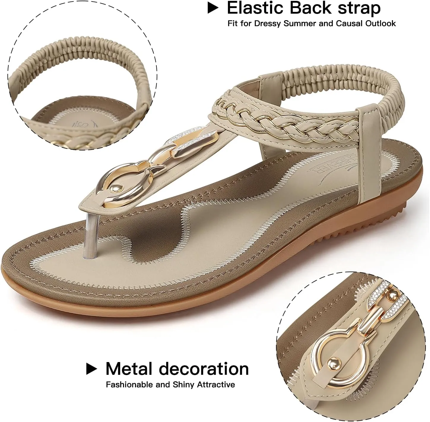 SHIBEVER Womens Sandals Dressy Summer: Women Comfortable Walking Flat Bohemian T-Strap Ladies Casual Comfy Sandals