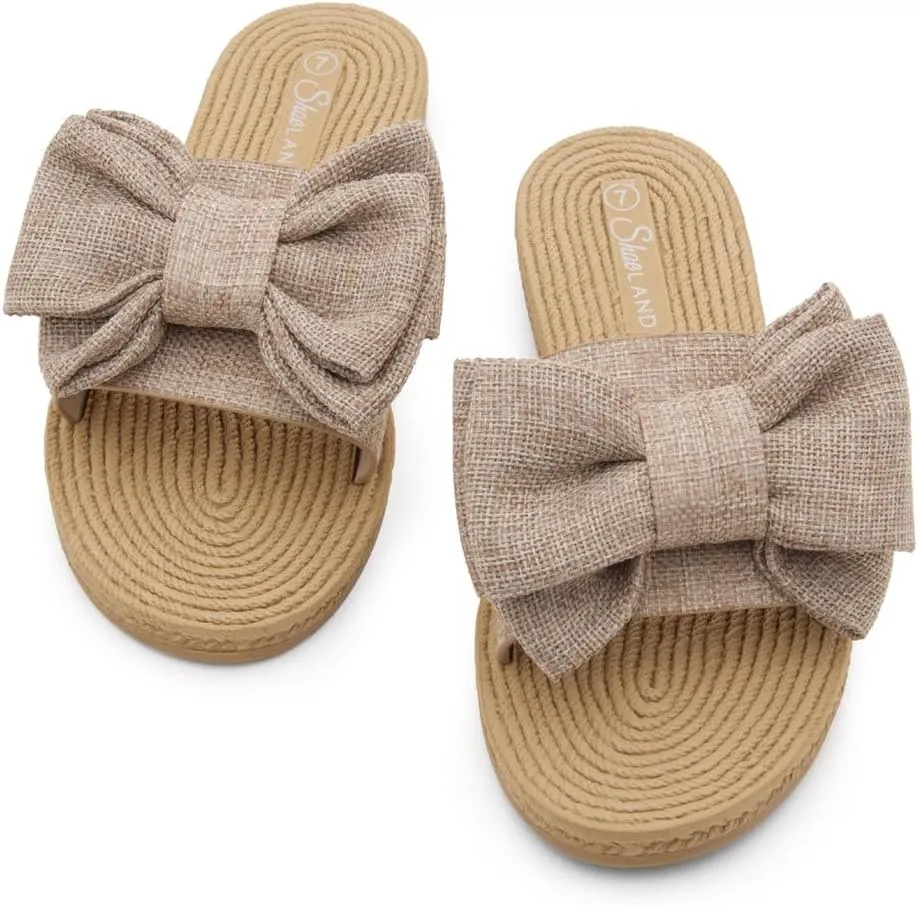Shoe Land SL-Nylah Womens Flat Sandals Fashion Knot Bow Slides Open Toe Dressy Sandal Slip on Slippers Black Red Beige Fuchsia Green Blue Flat Sandals for Summer Beach Vacation