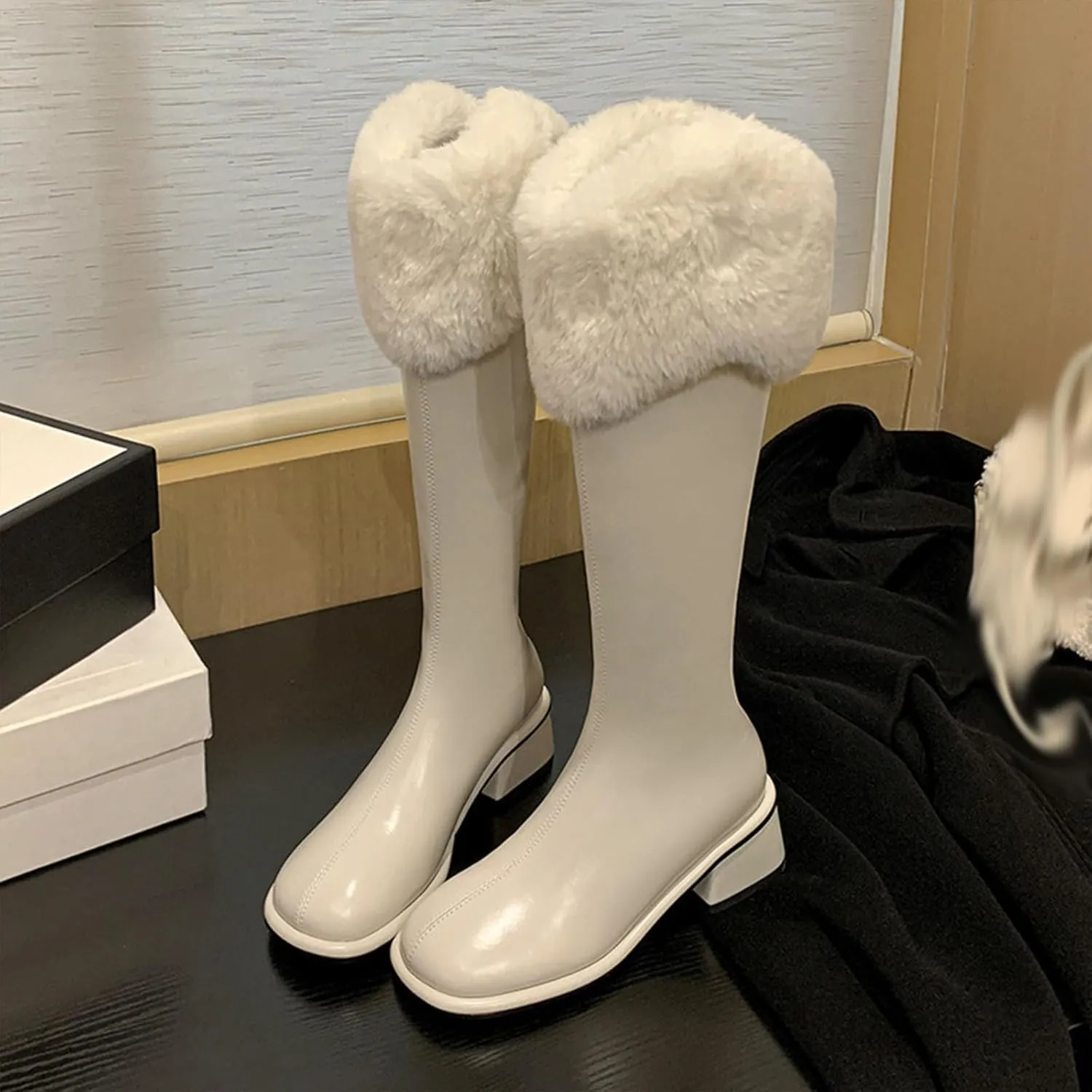 Slip On Low Heeled Snow Boots, Short Plush Lined Raw Edge Knee High Boots Leather Shiny Straight Boots Waterproof Non Slip Warm Women's Winter Boots