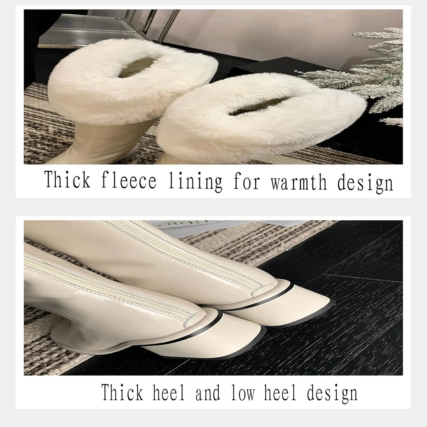 Slip On Low Heeled Snow Boots, Short Plush Lined Raw Edge Knee High Boots Leather Shiny Straight Boots Waterproof Non Slip Warm Women's Winter Boots