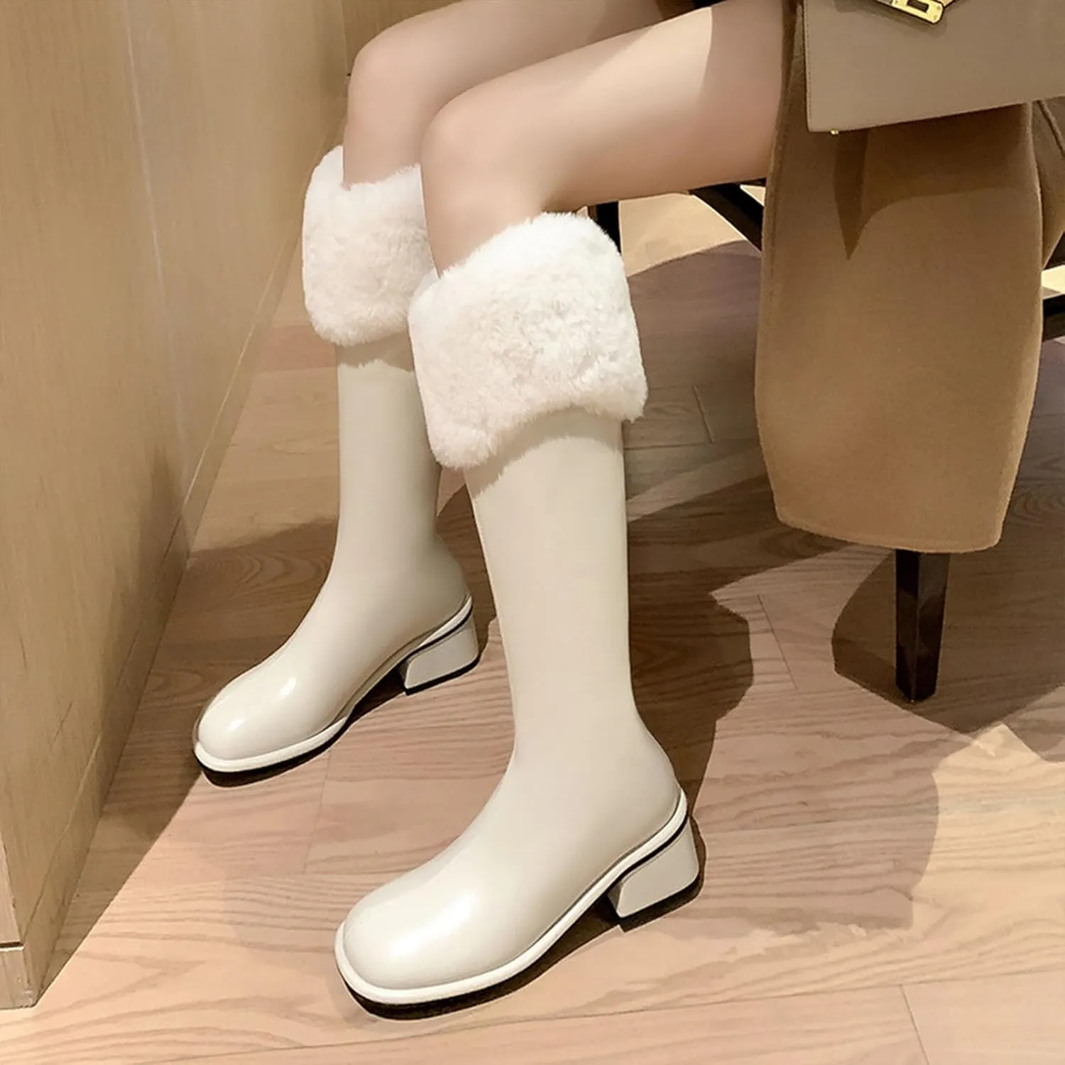 Slip On Low Heeled Snow Boots, Short Plush Lined Raw Edge Knee High Boots Leather Shiny Straight Boots Waterproof Non Slip Warm Women's Winter Boots