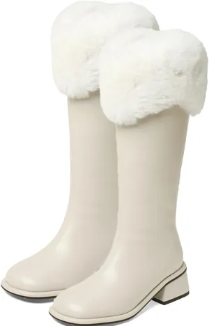 Slip On Low Heeled Snow Boots, Short Plush Lined Raw Edge Knee High Boots Leather Shiny Straight Boots Waterproof Non Slip Warm Women's Winter Boots