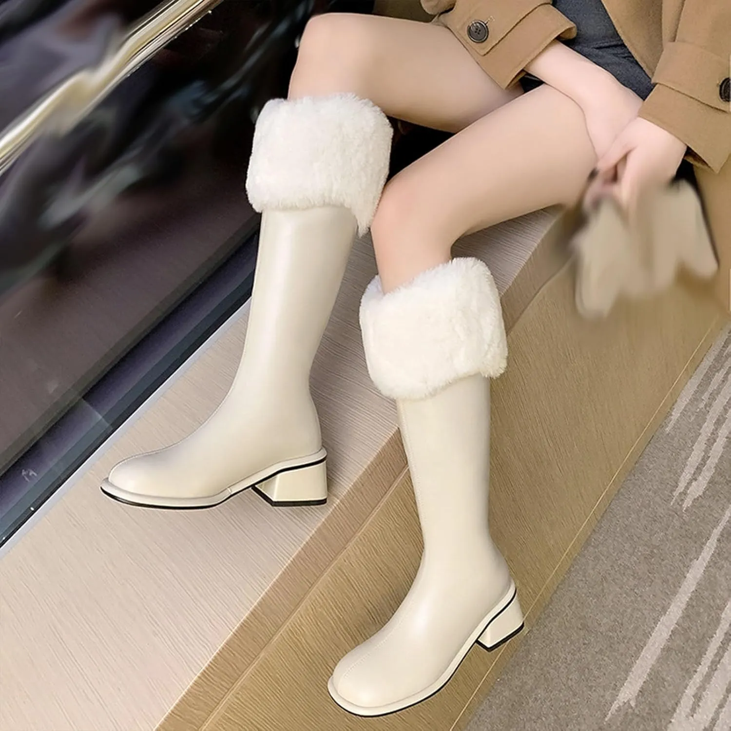 Slip On Low Heeled Snow Boots, Short Plush Lined Raw Edge Knee High Boots Leather Shiny Straight Boots Waterproof Non Slip Warm Women's Winter Boots