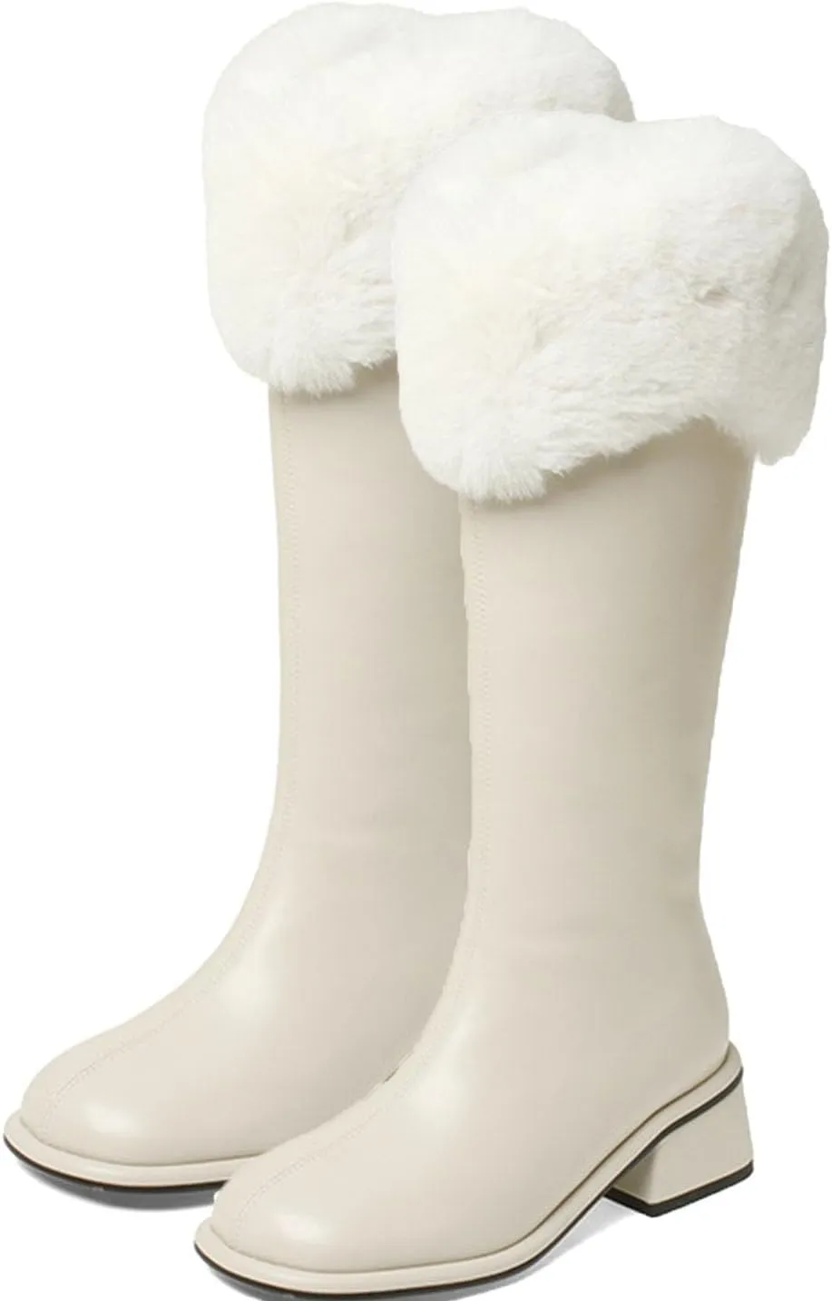 Slip On Low Heeled Snow Boots, Short Plush Lined Raw Edge Knee High Boots Leather Shiny Straight Boots Waterproof Non Slip Warm Women's Winter Boots