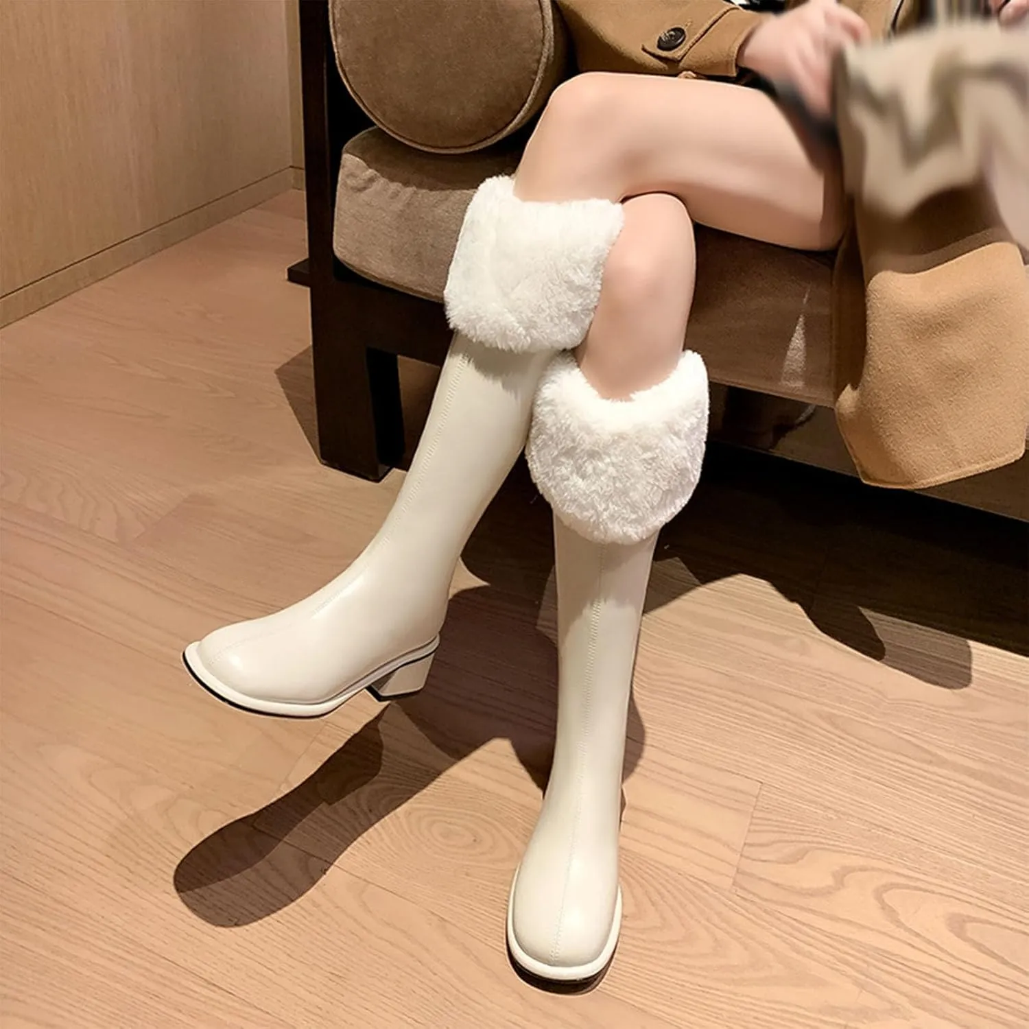 Slip On Low Heeled Snow Boots, Short Plush Lined Raw Edge Knee High Boots Leather Shiny Straight Boots Waterproof Non Slip Warm Women's Winter Boots