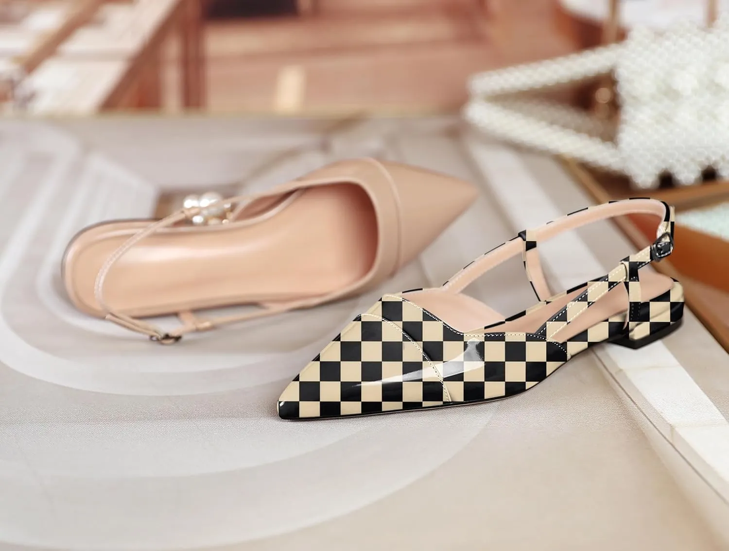 Soireelady Women's Pointed Toe Slingback Flats Ankle Strap Cap Toe Flats Leisure Walking Travel Office Ballet Flat Shoes