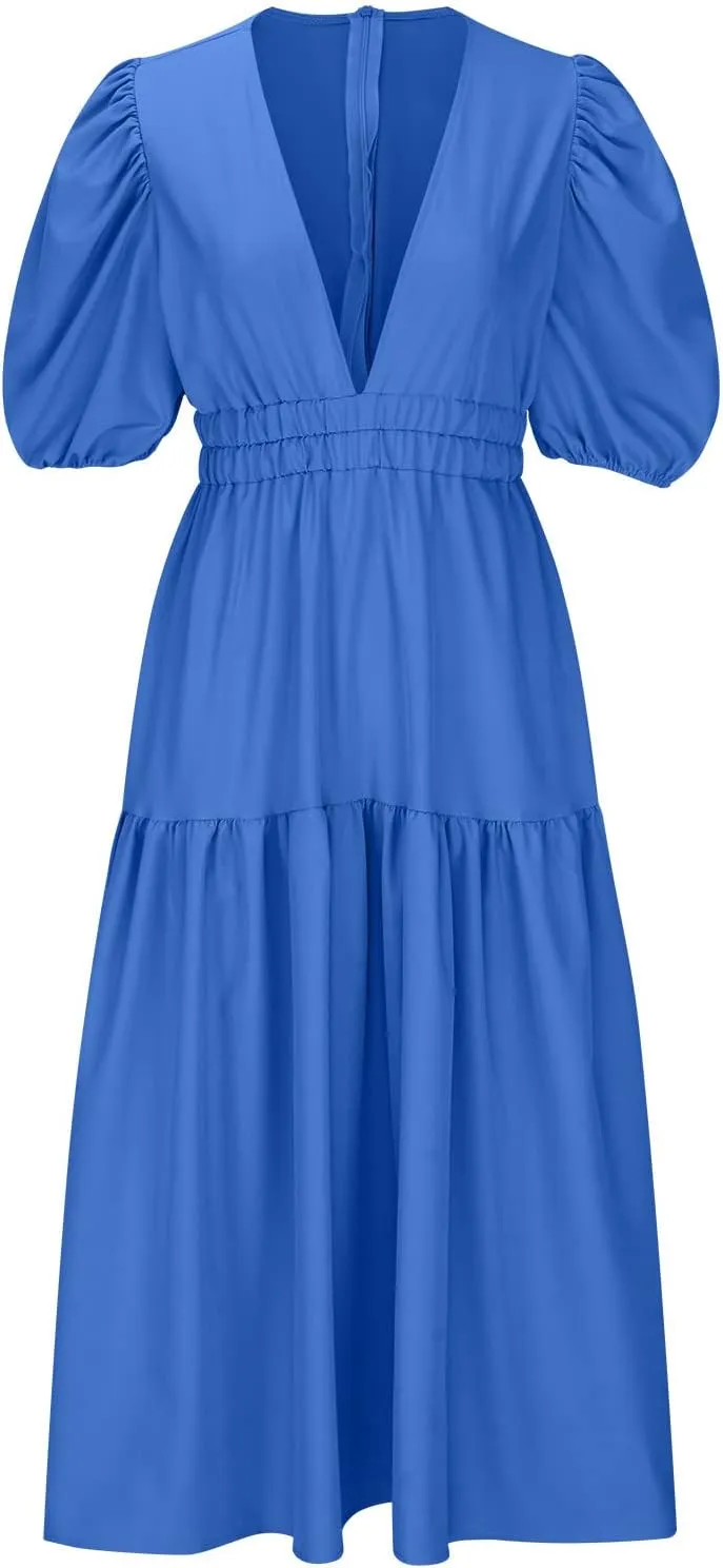 Summer Dresses for Women 2024 Sexy Deep V Neck Maxi Dress Casual Short Sleeve Plus Size Sun Dress Summer Vacation Dress
