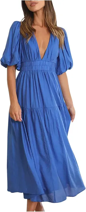 Summer Dresses for Women 2024 Sexy Deep V Neck Maxi Dress Casual Short Sleeve Plus Size Sun Dress Summer Vacation Dress