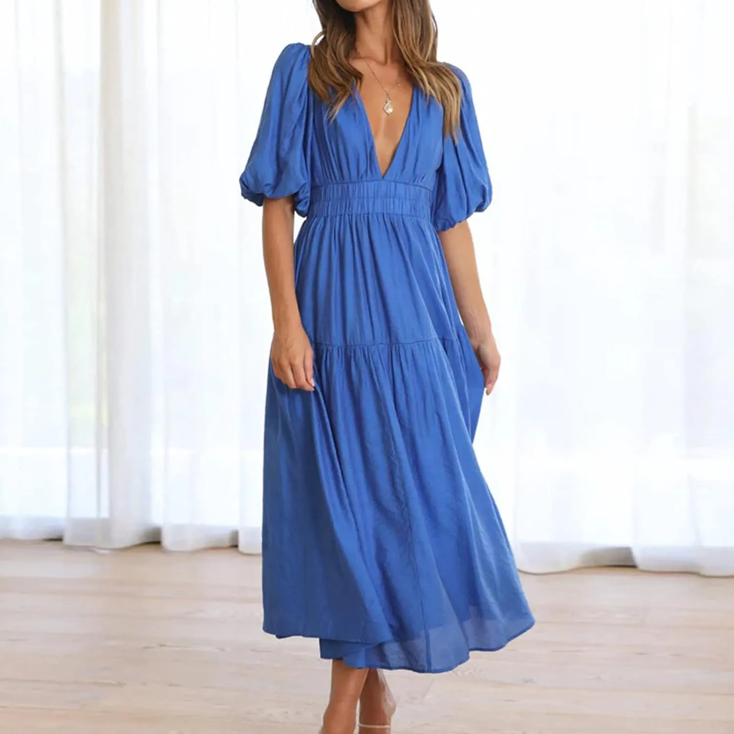 Summer Dresses for Women 2024 Sexy Deep V Neck Maxi Dress Casual Short Sleeve Plus Size Sun Dress Summer Vacation Dress