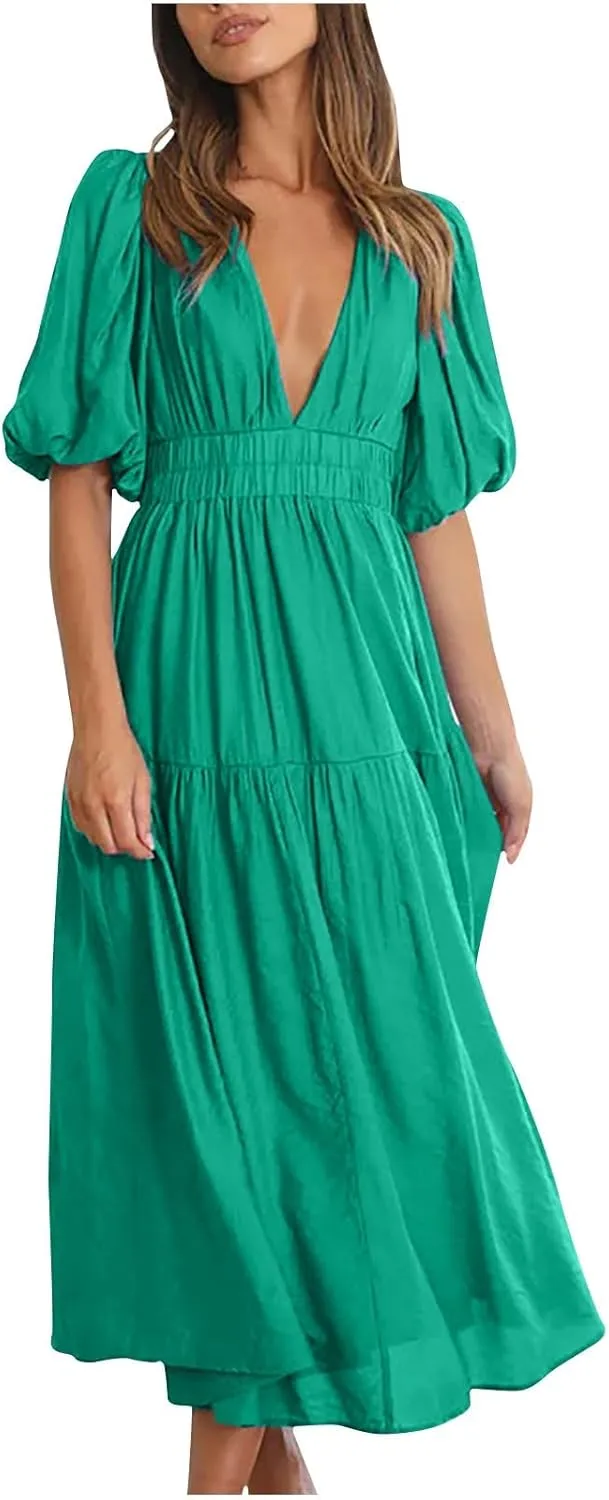 Summer Dresses for Women 2024 Sexy Deep V Neck Maxi Dress Casual Short Sleeve Plus Size Sun Dress Summer Vacation Dress
