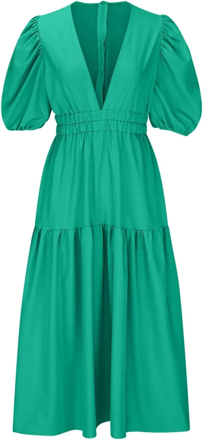 Summer Dresses for Women 2024 Sexy Deep V Neck Maxi Dress Casual Short Sleeve Plus Size Sun Dress Summer Vacation Dress
