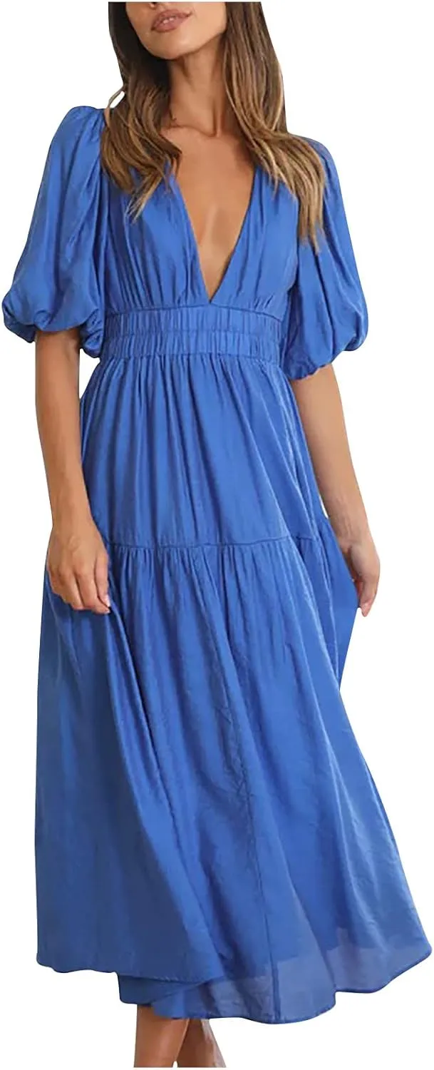 Summer Dresses for Women 2024 Sexy Deep V Neck Maxi Dress Casual Short Sleeve Plus Size Sun Dress Summer Vacation Dress