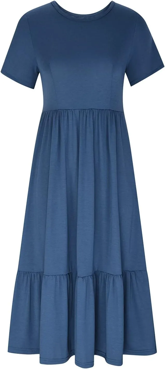Summer Dresses for Women 2025 Solid Round Neck Short Sleeve Pleated Dress Casual Hiking Wedding Guest Sundress