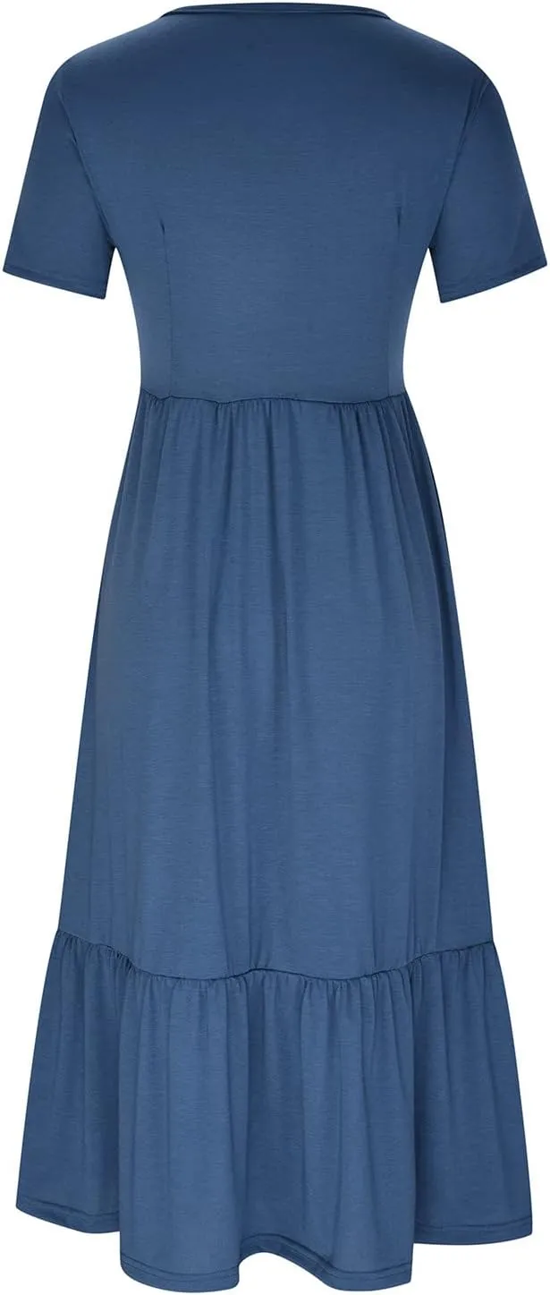 Summer Dresses for Women 2025 Solid Round Neck Short Sleeve Pleated Dress Casual Hiking Wedding Guest Sundress