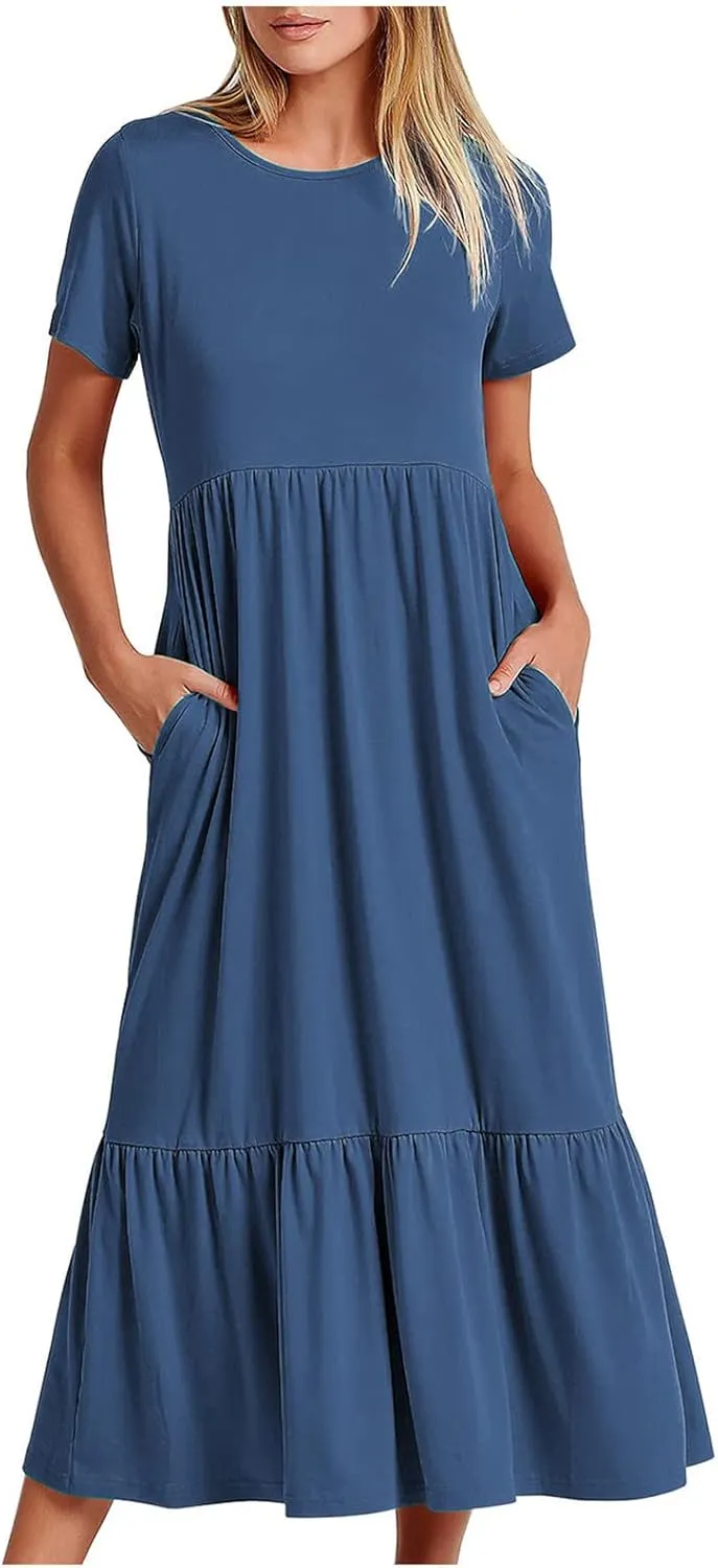 Summer Dresses for Women 2025 Solid Round Neck Short Sleeve Pleated Dress Casual Hiking Wedding Guest Sundress