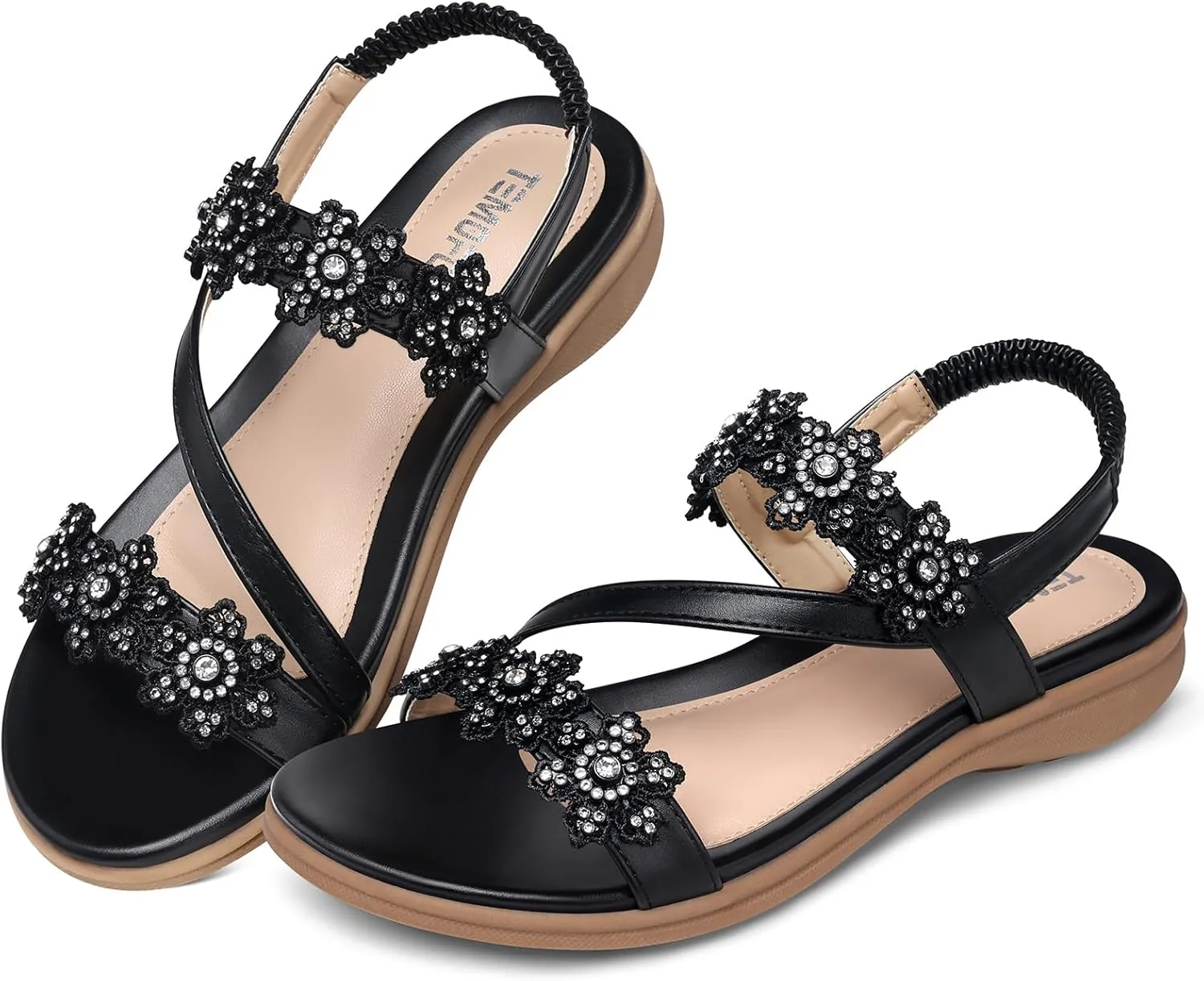 TEMOFON Sandals for Women Flat Dressy: Summer Flower Sandals with Ankle Strap Comfortable Casual Walking Flat Sandals Size 5-11