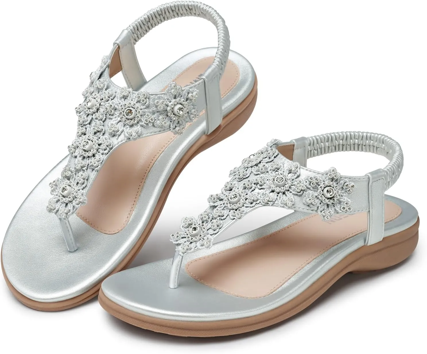 TEMOFON Sandals for Women Flat Dressy: Summer Flower Sandals with Ankle Strap Comfortable Casual Walking Flat Sandals Size 5-11