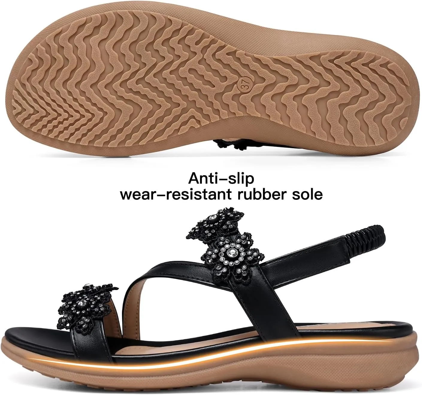 TEMOFON Sandals for Women Flat Dressy: Summer Flower Sandals with Ankle Strap Comfortable Casual Walking Flat Sandals Size 5-11