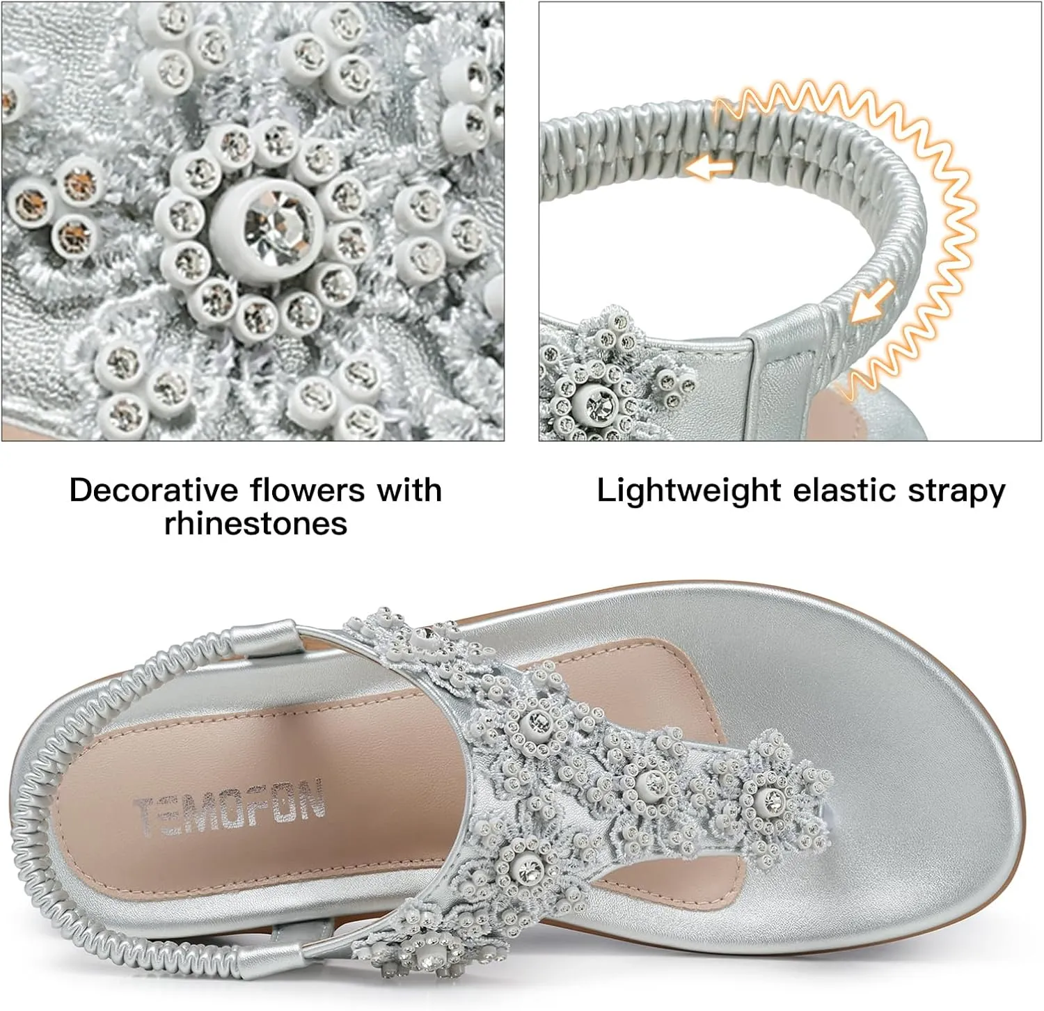 TEMOFON Sandals for Women Flat Dressy: Summer Flower Sandals with Ankle Strap Comfortable Casual Walking Flat Sandals Size 5-11
