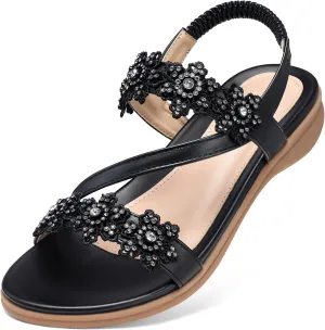 TEMOFON Sandals for Women Flat Dressy: Summer Flower Sandals with Ankle Strap Comfortable Casual Walking Flat Sandals Size 5-11