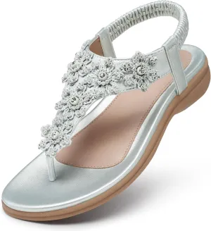 TEMOFON Sandals for Women Flat Dressy: Summer Flower Sandals with Ankle Strap Comfortable Casual Walking Flat Sandals Size 5-11