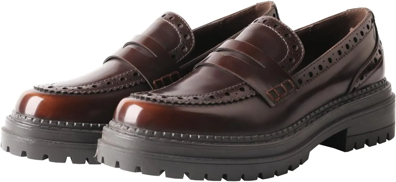 TMA EYES British Style Round Toe Chunky Platform Slip-On Loafers Women's Leather Shoes