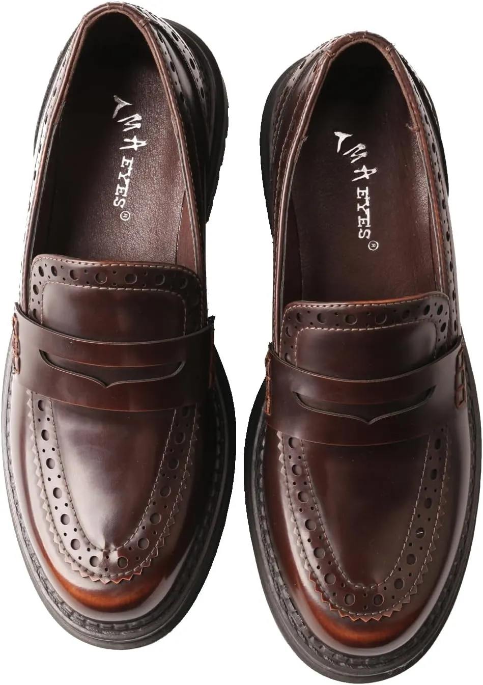 TMA EYES British Style Round Toe Chunky Platform Slip-On Loafers Women's Leather Shoes