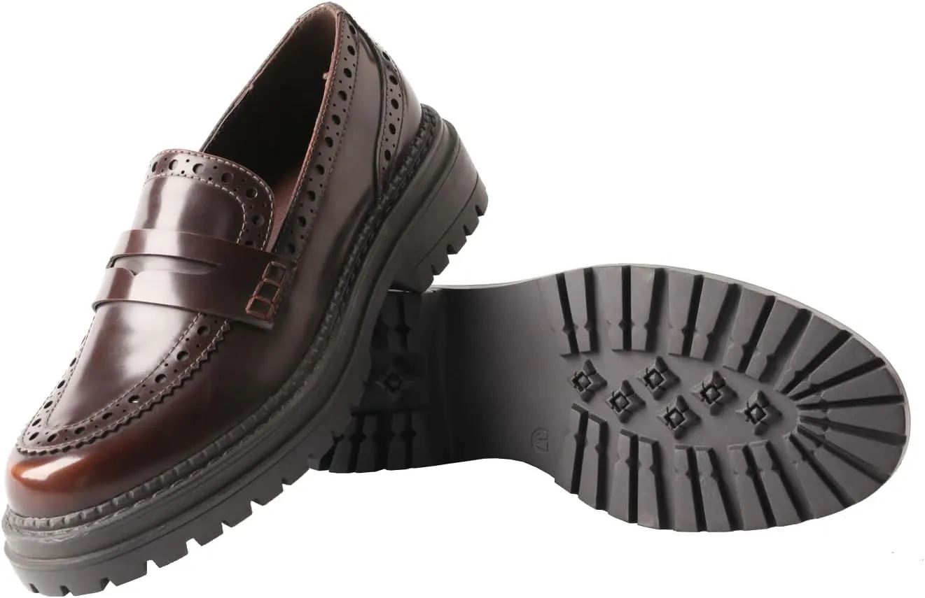 TMA EYES British Style Round Toe Chunky Platform Slip-On Loafers Women's Leather Shoes