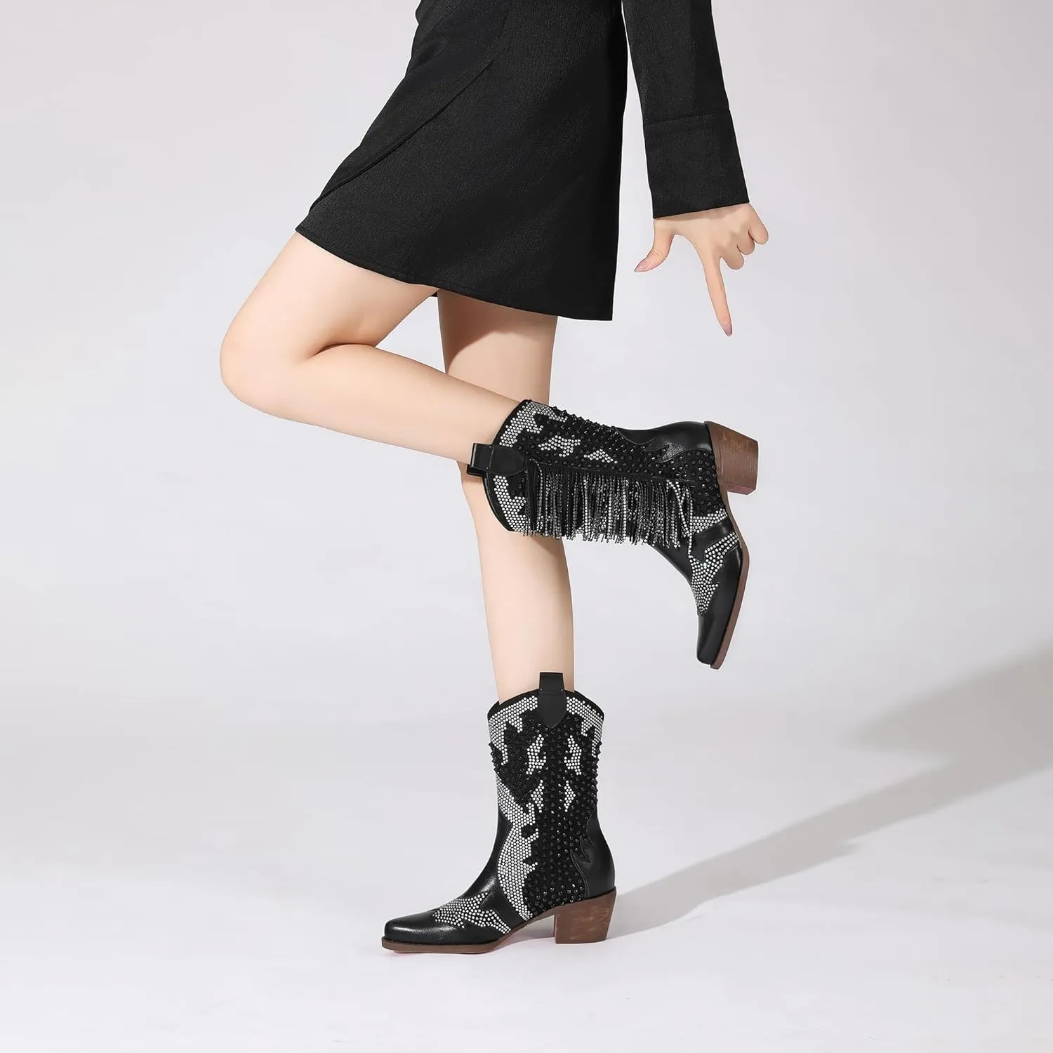 Tsrenlmln Ankle Boots for Women Pointed Toe Rhinestone Boots Chunky Heel Rivet Western Cowboy Boots With Tassel Womens Cowgirl Booties Slip-On Short Boots